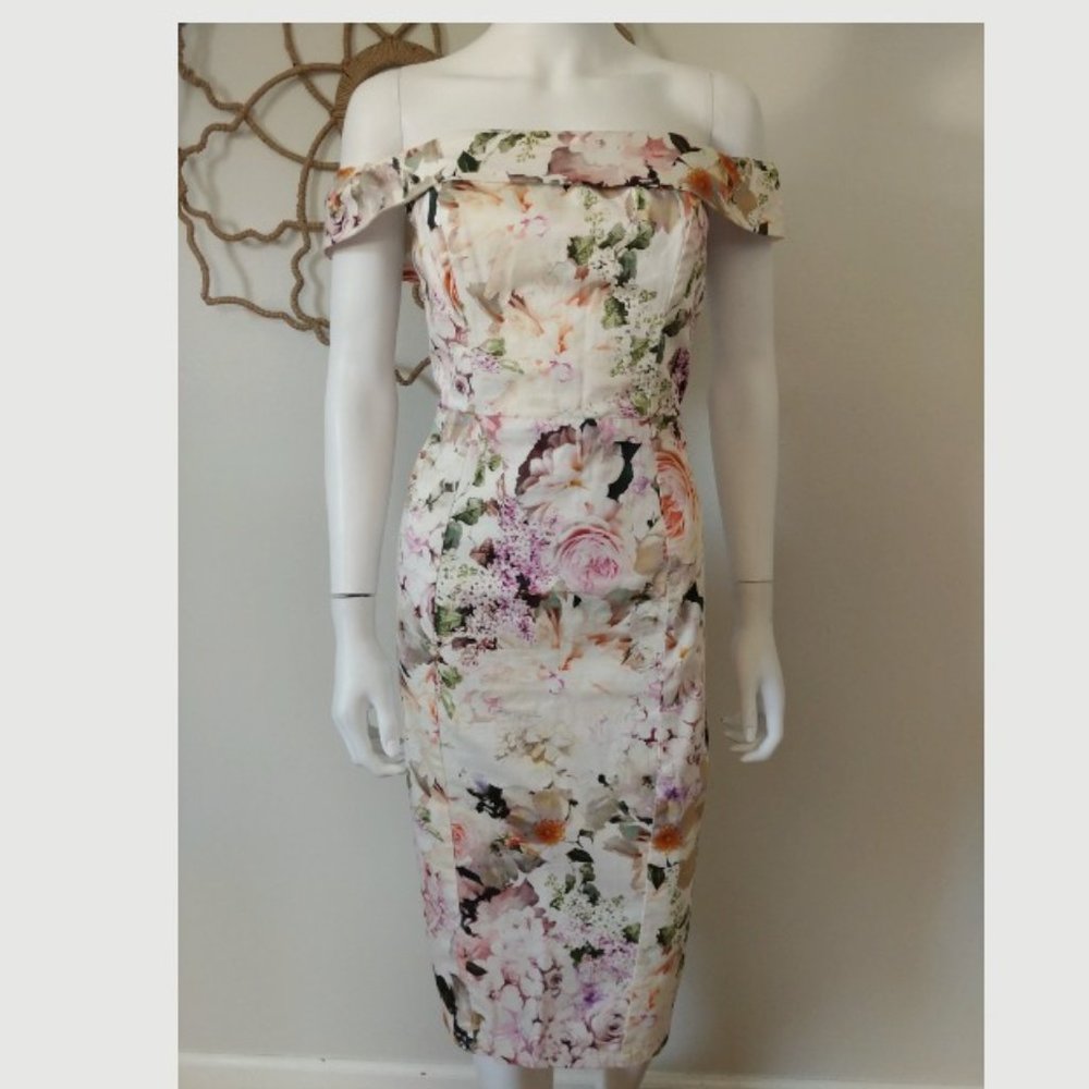 ASOS WEDDING BARDOT FLORAL SHOULDER PENCIL DRESS 8